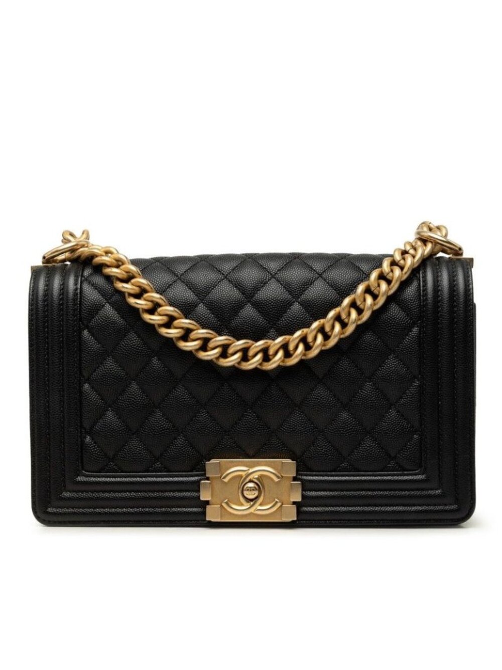 Chanel Quilted CC Logo Boy 25 Crossbody Chain Shoulder Bag Black Gold Caviar